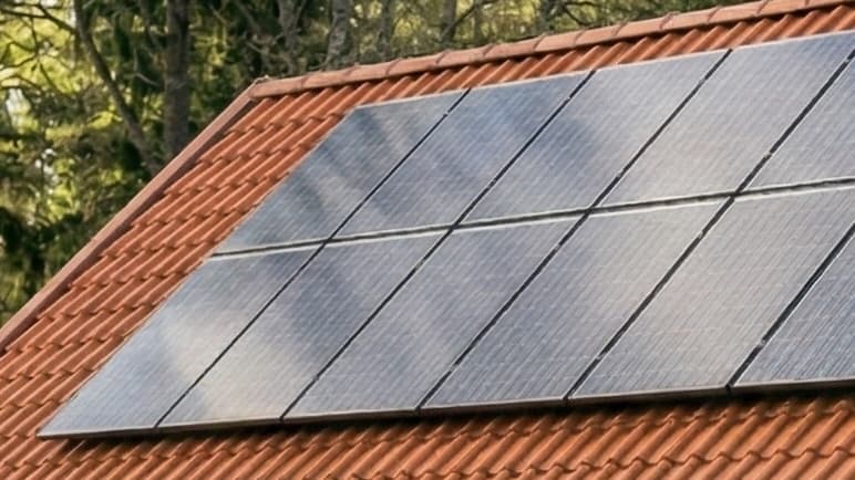 House with rooftop solar panels and an outdoor heat pump unit